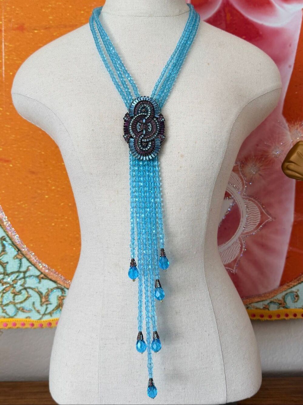 Heidi Daus Blue beaded Multi Strand Lariat Statement Necklace
